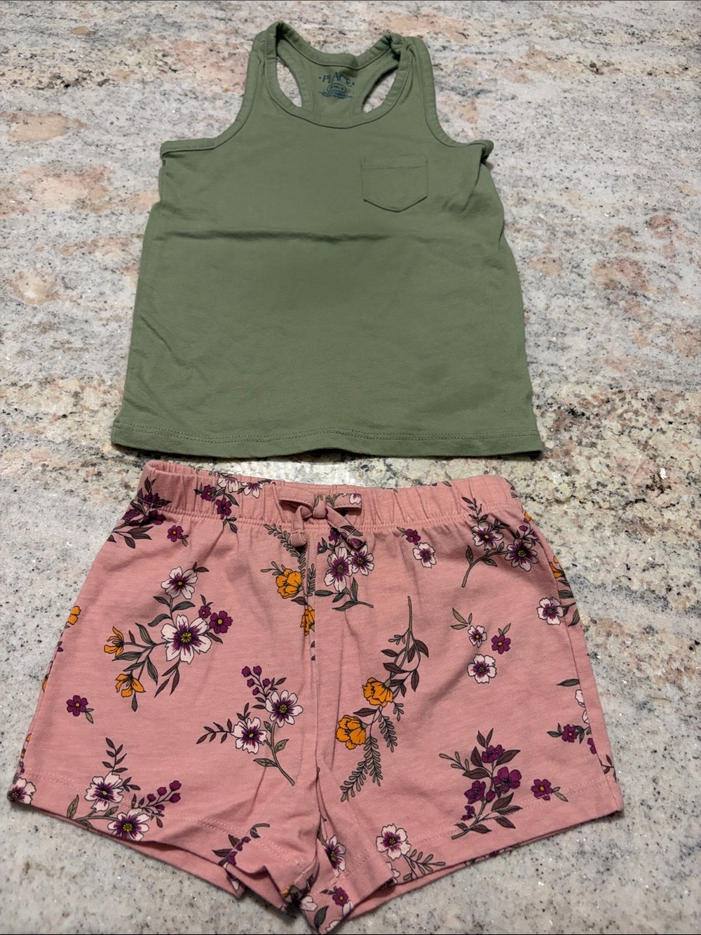 10/$30 The Children's Place Olive Green Tank & Pink Floral Shorts Set